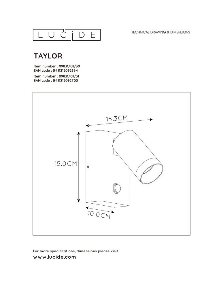 Outdoor lights with motion sensor - Lucide TAYLOR Wall-mounted Directional White 1xGU10 IP54 Motion and Dusk Sensor 09831/01/31 - product kolory-swiatla.pl 4