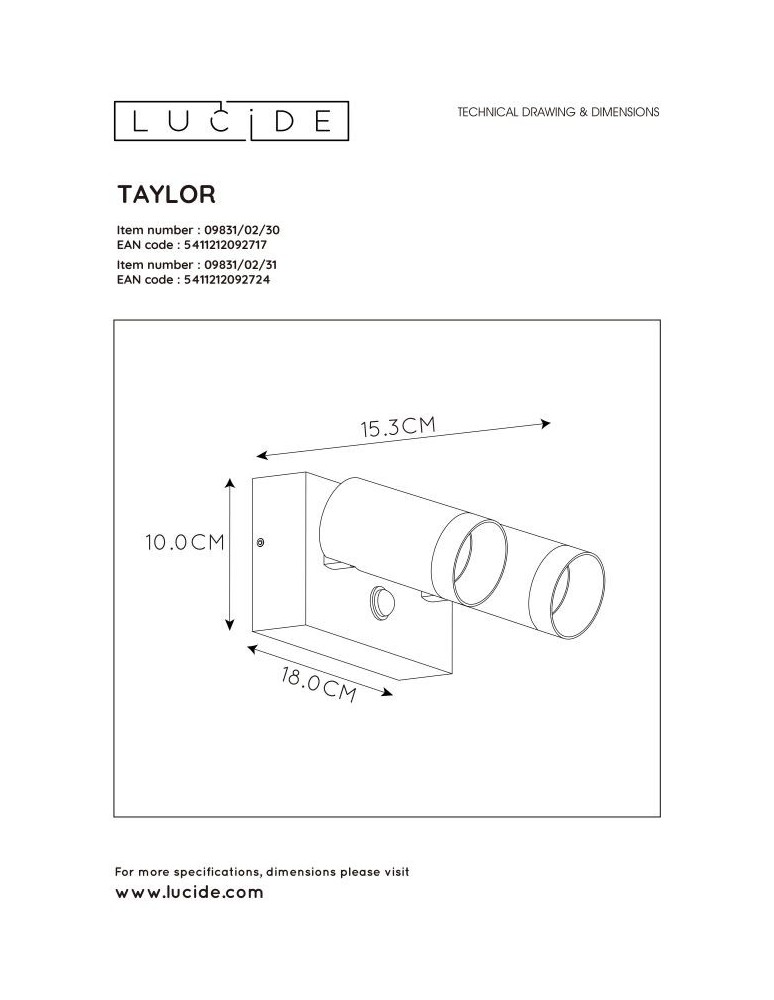 Outdoor lights with motion sensor - Lucide TAYLOR Wall-mounted Directional White 2xGU10 IP54 Motion and Dusk Sensor 09831/02/31 - product kolory-swiatla.pl 4