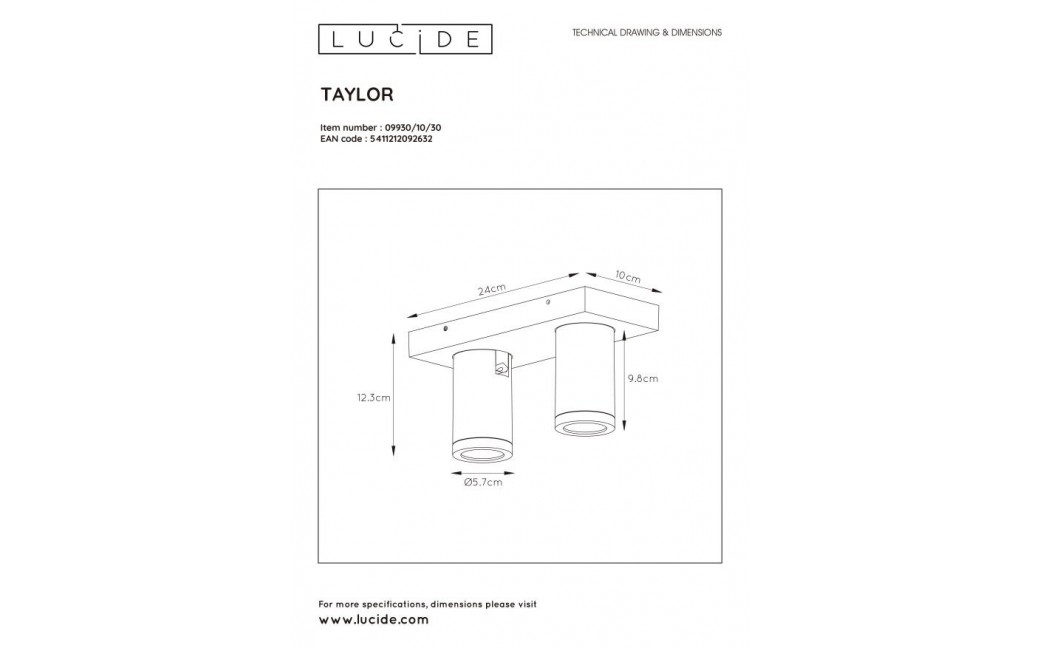 Lucide TAYLOR Reflektor Sufitowy Czarny 2xGU10 IP44 09930/10/30