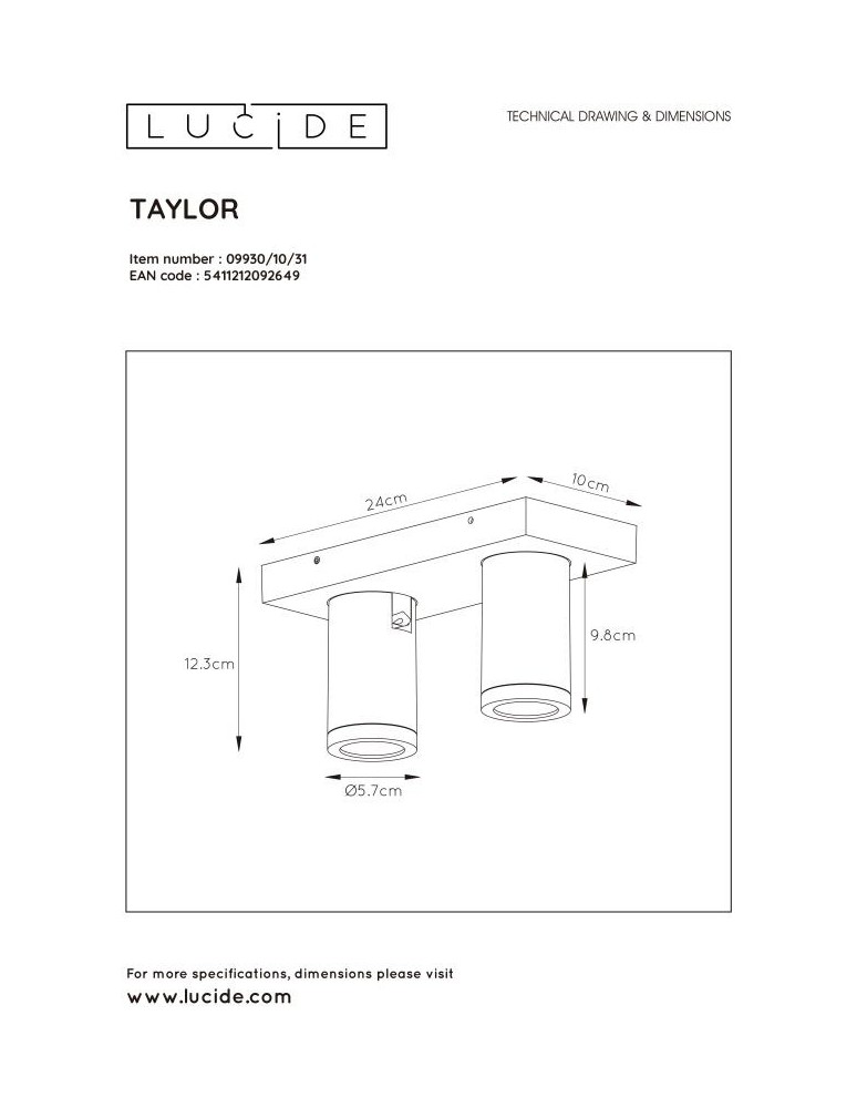 Bathroom ceiling lamps - Lucide TAYLOR Ceiling Spotlight White 2xGU10 IP44 09930/10/31 - product kolory-swiatla.pl 8