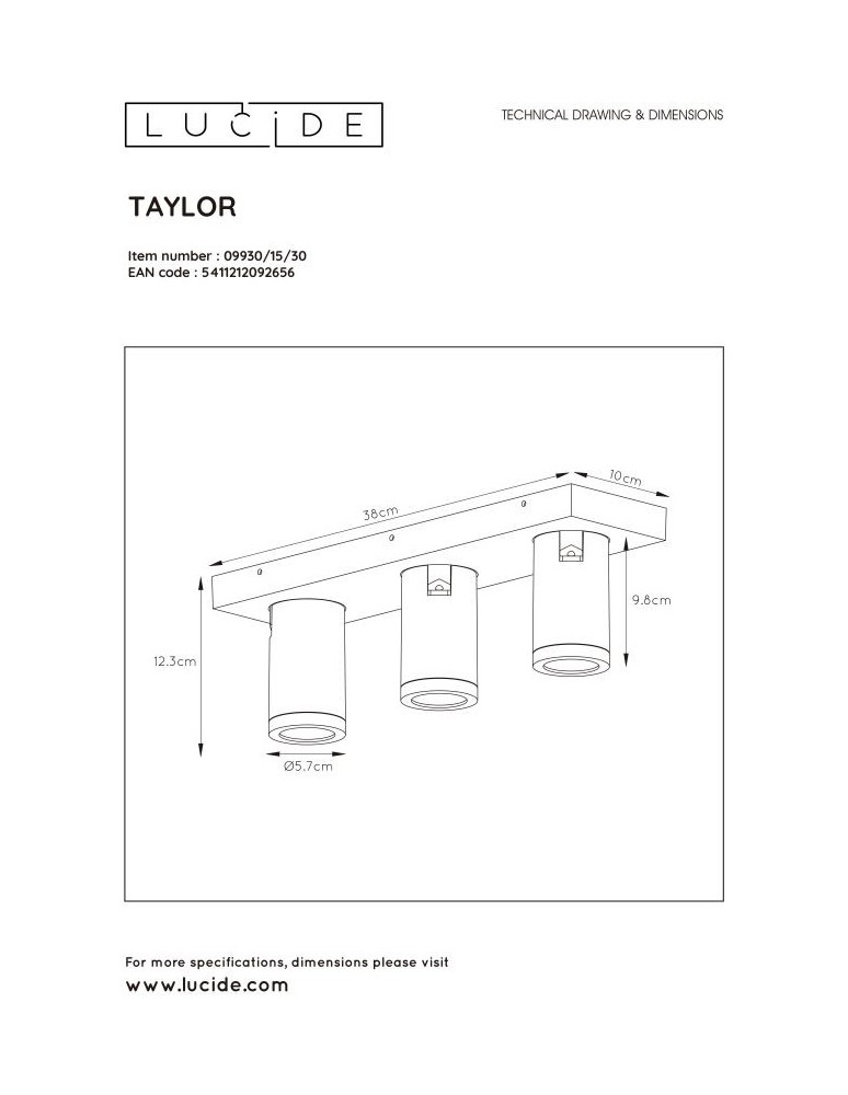 Bathroom ceiling lamps - Lucide TAYLOR Ceiling Spotlight Black 3xGU10 IP44 09930/15/30 - product kolory-swiatla.pl 8