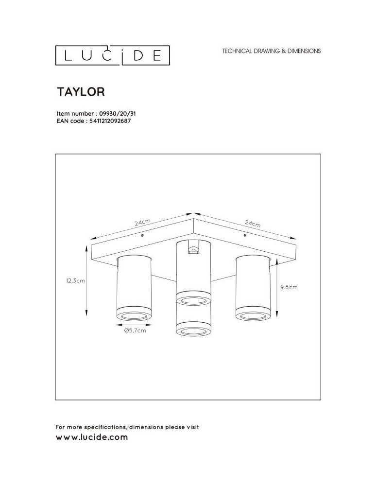 Bathroom ceiling lamps - Lucide TAYLOR Ceiling Spotlight White 4xGU10 IP44 09930/20/31 - product kolory-swiatla.pl 6