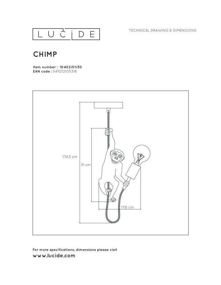 Pendant lamps - Lucide EXTRAVAGANZA CHIMP Pendant Black 1xE27 Retro Style 10402/01/30 - product kolory-swiatla.pl 11