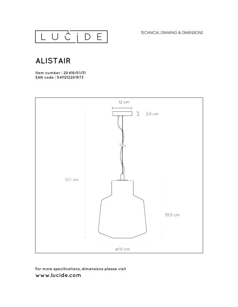 Lampy wiszące - Lucide ALISTAIR Wisząca Biały 1xE27 Styl Nowoczesny 20418/01/31 - produkt kolory-swiatla.pl 7