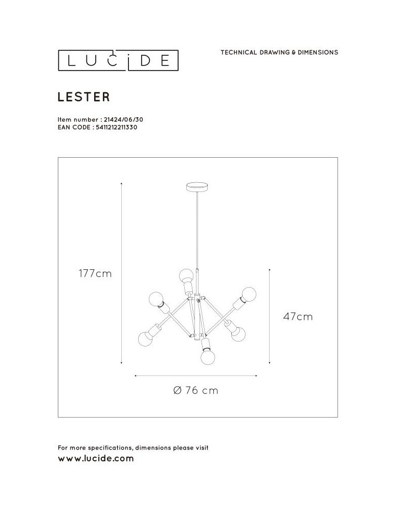 Lampy wiszące - Lucide LESTER Wisząca Czarny 6xE27 Styl Nowoczesny 21424/06/30 - produkt kolory-swiatla.pl 10