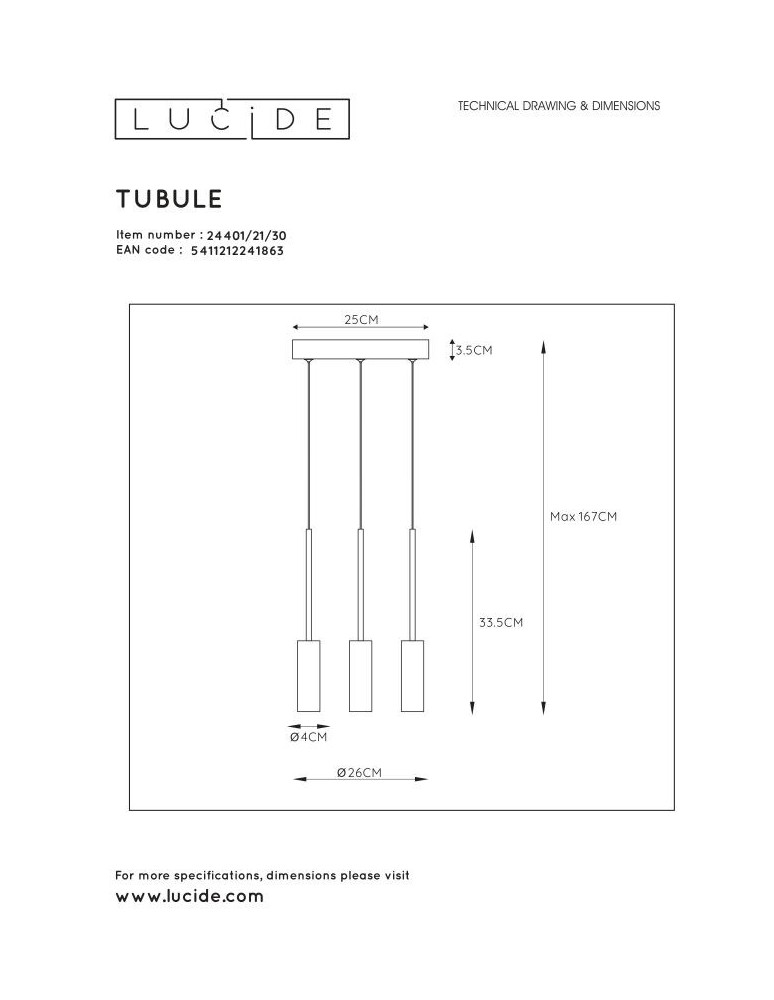 Lucide TUBULE Wisząca Czarny 3xLED Styl Nowoczesny 24401/21/30