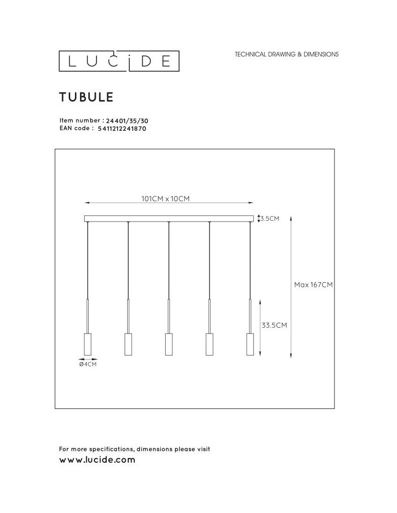 Lucide TUBULE Wisząca Czarny 5xLED Styl Nowoczesny 24401/35/30