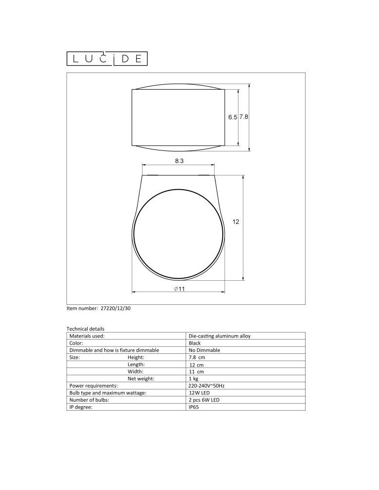 Kinkiety - Lucide RAYEN Ścienna Kierunkowa Czarny 1xLED Styl Nowoczesny IP65 27220/12/30 - produkt kolory-swiatla.pl 4