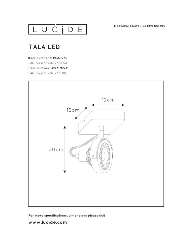 Lucide TALA LED Reflektor Sufitowy Biały 1xGU10 Styl Nowoczesny 31931/12/31