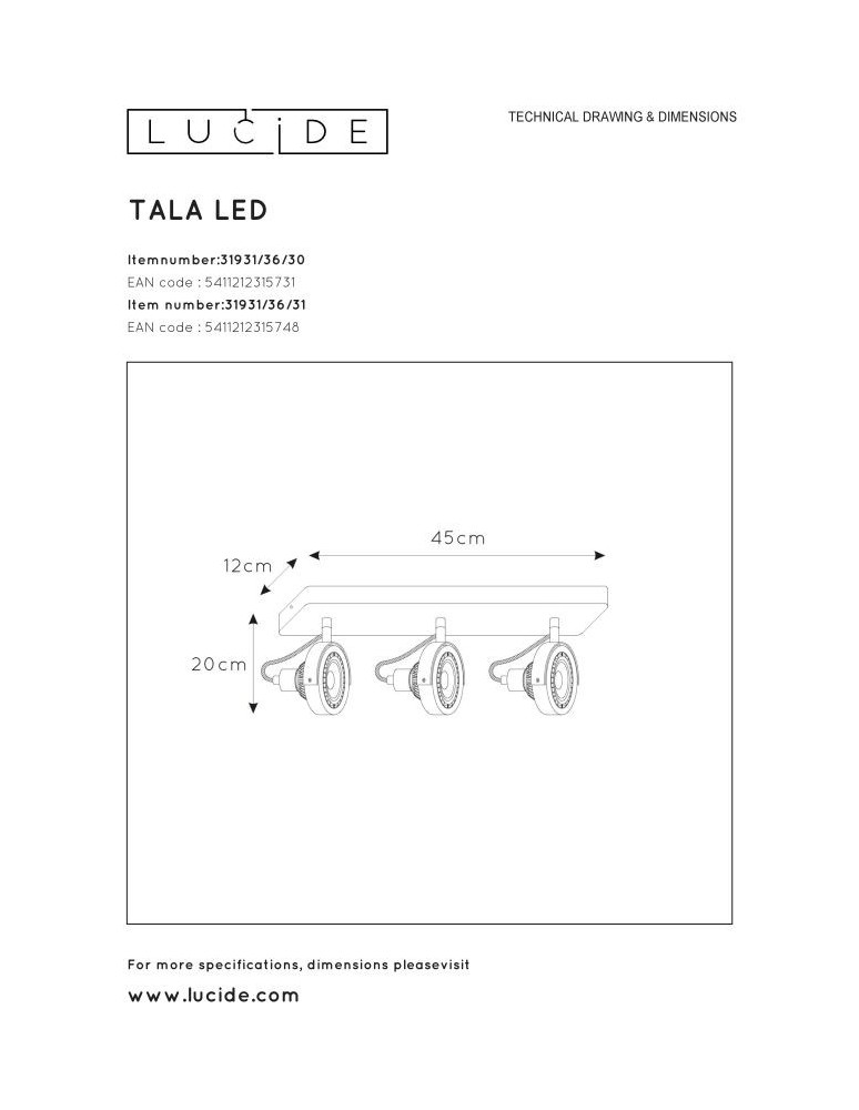 Lampy sufitowe reflektory - Lucide TALA LED Reflektor Sufitowy Biały 3xGU10 Styl Nowoczesny 31931/36/31 - produkt kolory-swiatla.pl 8