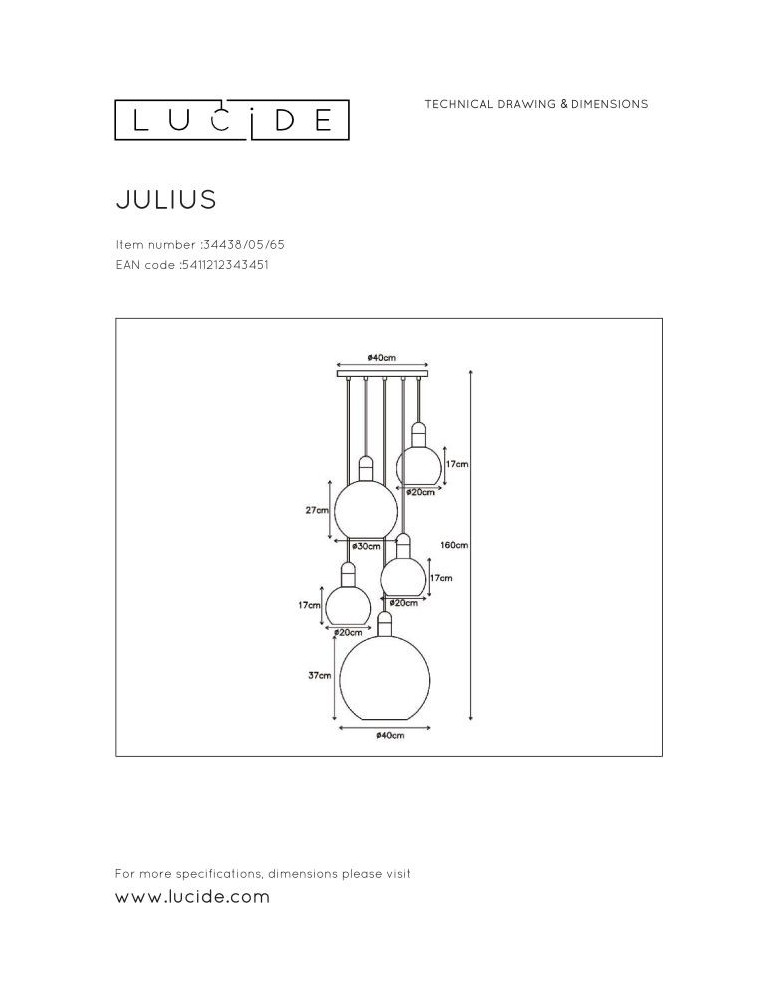 Pendant lamps - Lucide JULIUS Pendant Smoky Grey 5xE27 Antique Style 34438/05/65 - product kolory-swiatla.pl 6