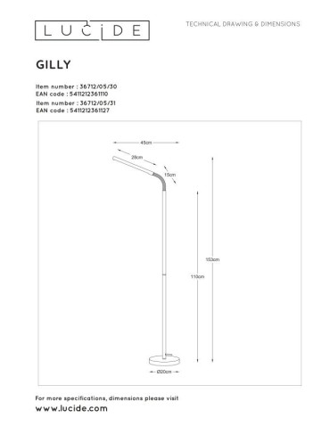 Lucide GILLY Podłogowa do Czytania Biały 1xLED Styl Nowoczesny 36712/05/31 - produkt 2