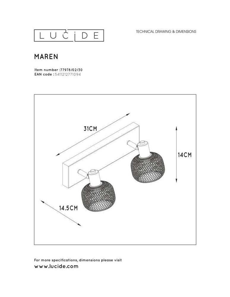 Spotlight ceiling lamps - Lucide MAREN Ceiling Spotlight Black 2xE14 Retro Style 77978/02/30 - product kolory-swiatla.pl 7