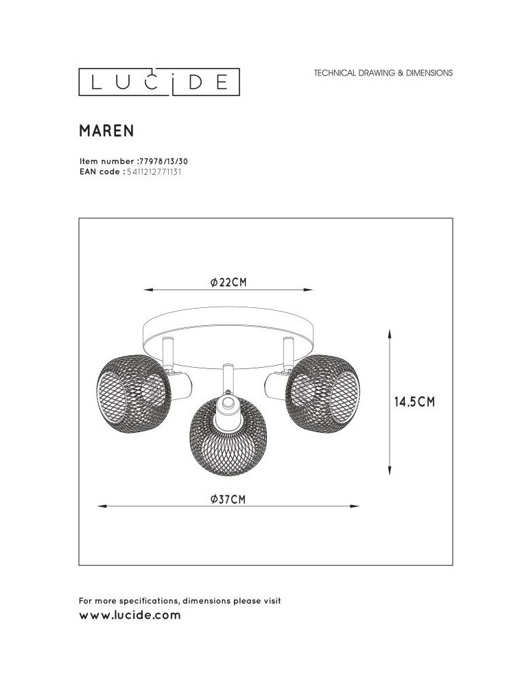 Spotlight ceiling lamps - Lucide MAREN Ceiling Spotlight Black 3xE14 Retro Style 77978/13/30 - product kolory-swiatla.pl 6