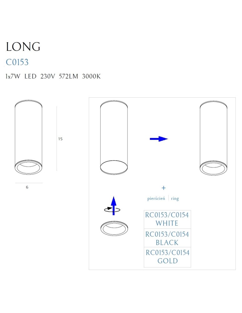 LED ceiling luminaires - Maxlight Long White 7W Ceiling Lamp C0153. - product kolory-swiatla.pl 8