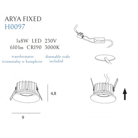 Maxlight MAX ARYA Stała 8W Czarny Wpust Ściemnialna H0097