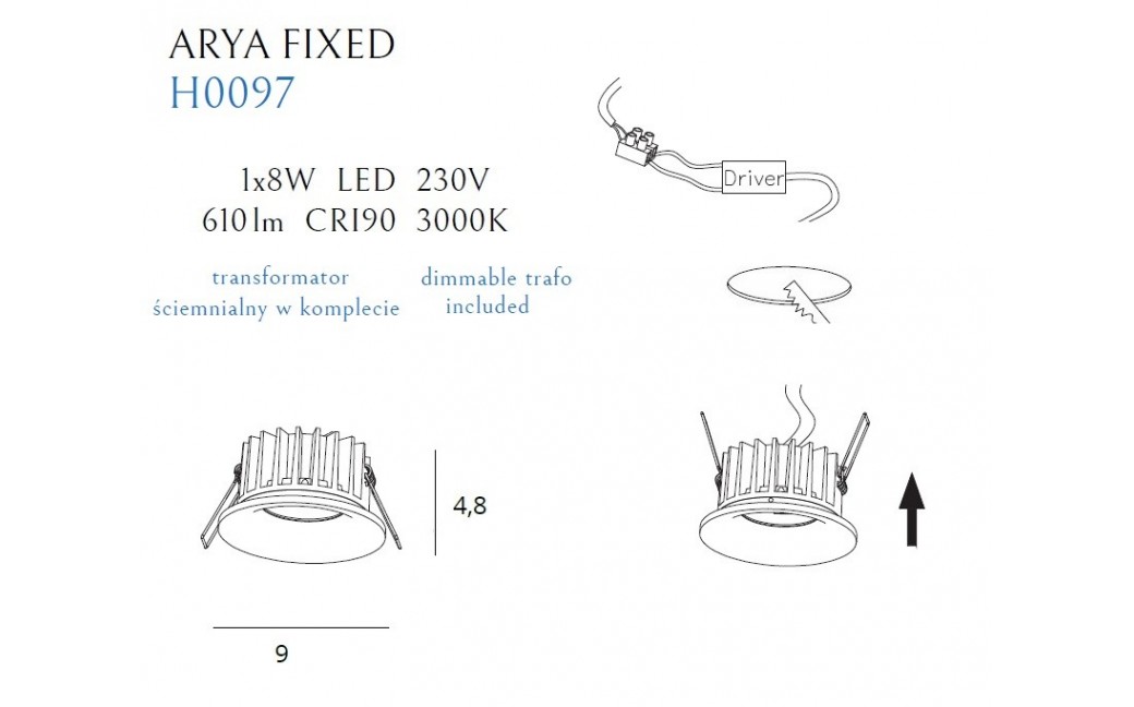 Maxlight MAX ARYA Stała 8W Czarny Wpust Ściemnialna H0097