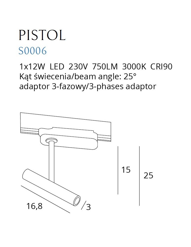Lamps for 3-phase busbars - Maxlight Pistol Black 12W LED Light S0006. - product kolory-swiatla.pl 3
