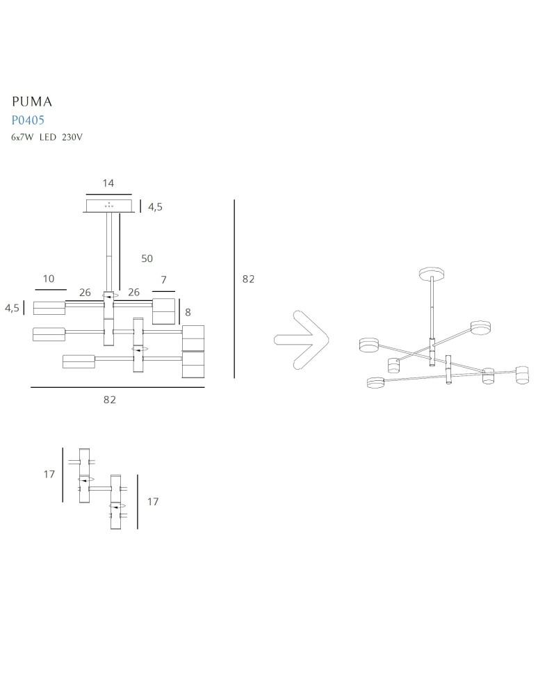 LED pendant lamps - Maxlight Puma LED Pendant Lamp 6X 7W Black/Gold P0405 - product kolory-swiatla.pl 5