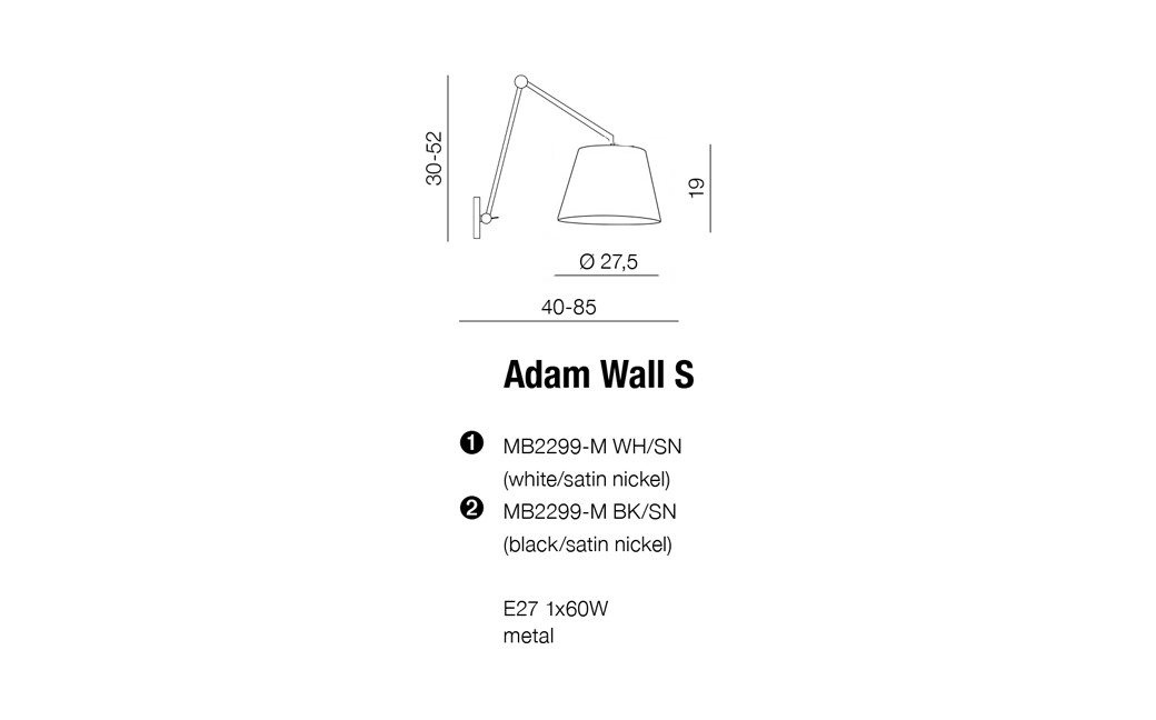 Azzardo ADAM WALL S LAMPBODY 1xE27 Ścienna/Ramię z Bazą Montażową bez Abażuru Chrom AZ1843