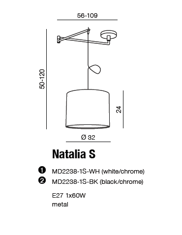AZzardo NATALIA S White AZ1924+AZ2592 (includes 50cm white lampshade) Pendant. - product 2