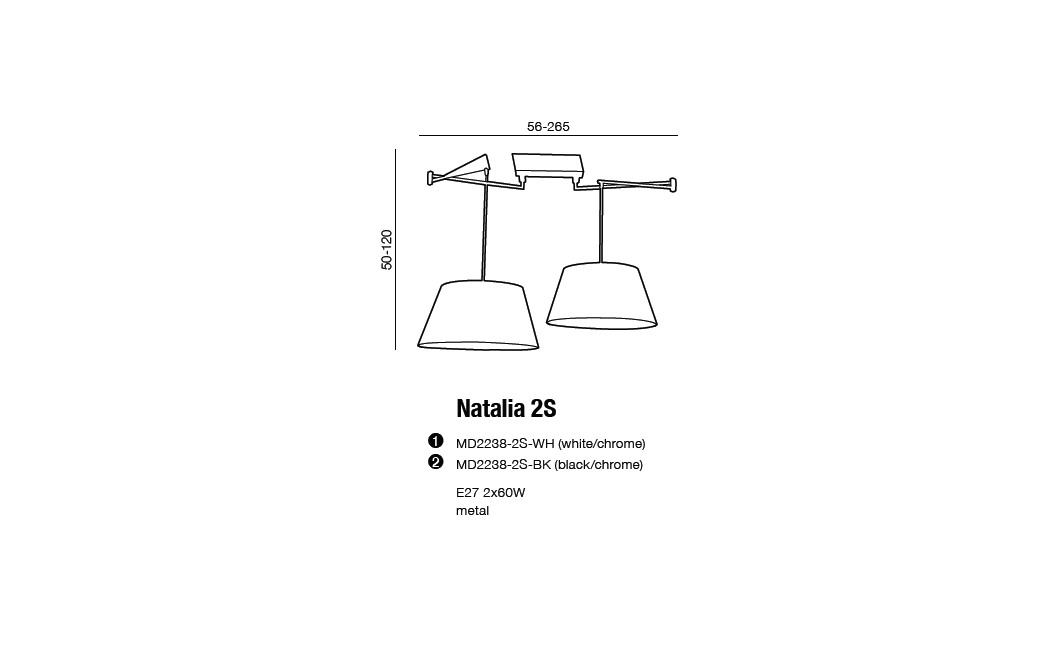 AZzardo NATALIA 2S Black AZ1923/AZ2590 (includes 2x 50cm black lampshade) Pendant.