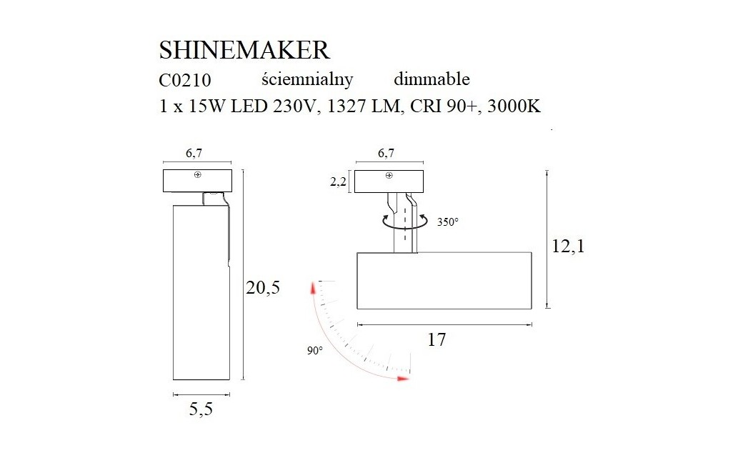 MAXlight Shinemaker Reflektor Sufitowy 15W LED 1327lm 3000K Czarny Ściemnialny C0210