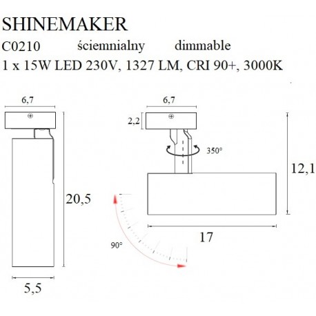MAXlight Shinemaker Reflektor Sufitowy 15W LED 1327lm 3000K Czarny Ściemnialny C0210