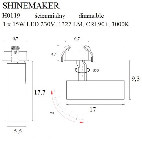 MAXlight Shinemaker Reflektor Sufitowy Wpuszczany 15W LED 1327lm 3000K Biały Ściemnialny H0119