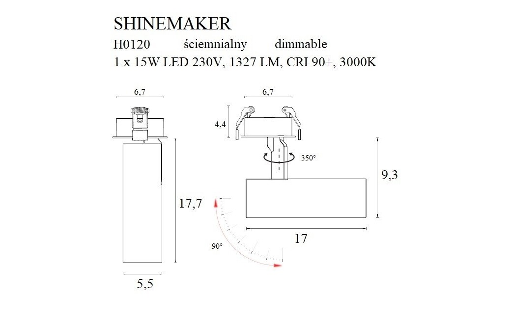 MAXlight Shinemaker Reflektor Sufitowy Wpuszczany 15W LED 1327lm 3000K Czarny Ściemnialny H0120