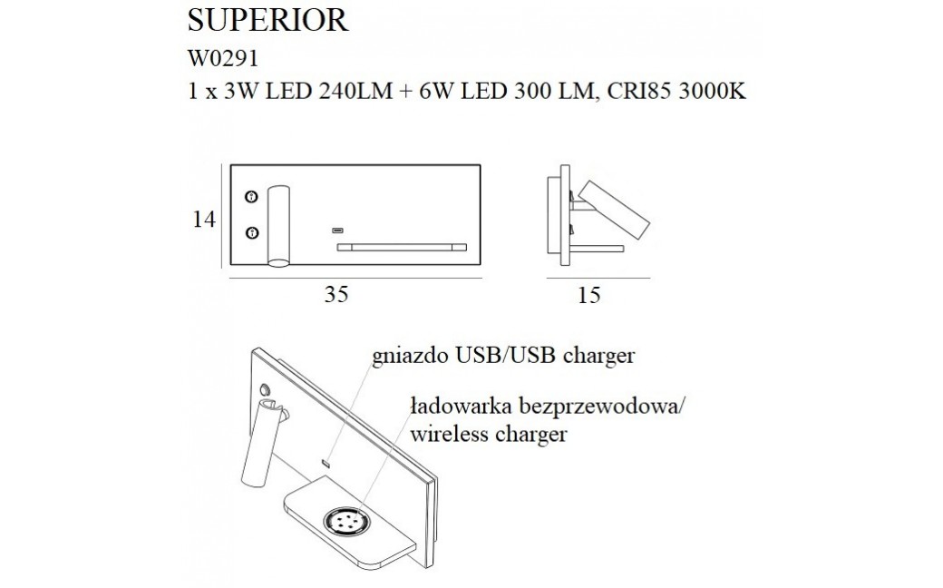 MAXlight Superior Kinkiet 3W+6W LED 240lm+300lm z Gniazdem USB i Ładowarką Indukcyjną Biały W0291