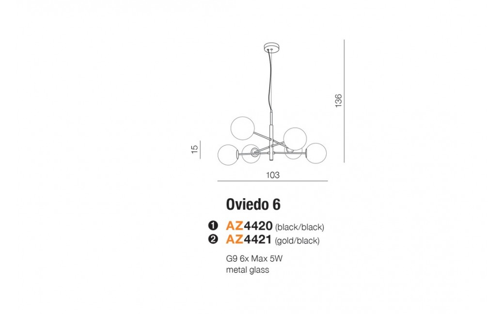 AZzardo OVIEDO 6 6xG9 Czarny Wisząca AZ4420