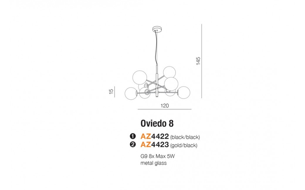 AZzardo OVIEDO 8 8xG9 Złoty/Czarny Wisząca AZ4423