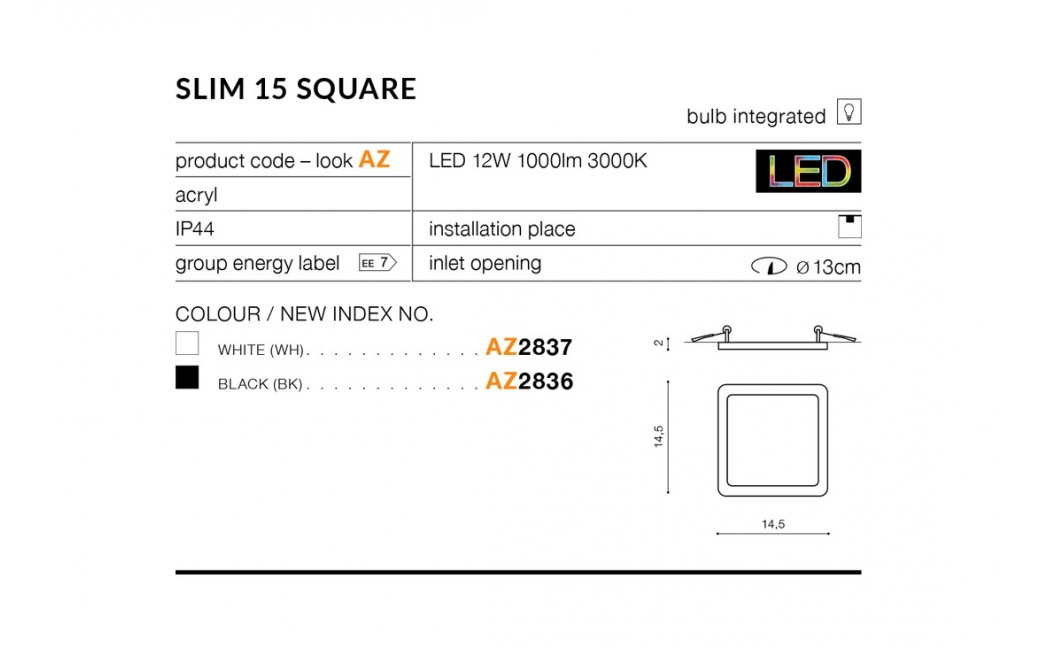 Azzardo SLIM SQUARE 15 LED 12W 1000lm 4000K IP44 Czarny Wpuszczana AZ4377