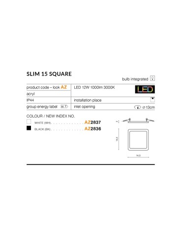 Azzardo SLIM SQUARE 15 LED 12W 1000lm 4000K IP44 Biały Wpuszczana AZ4378 - produkt 2