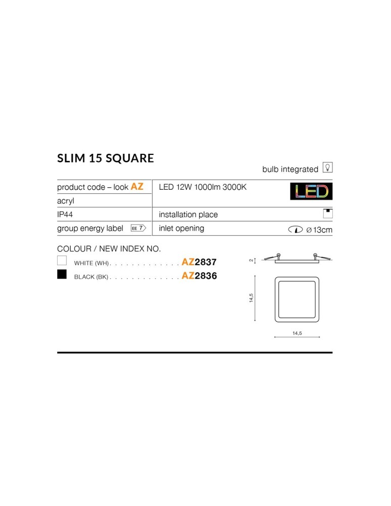 Recessed lamps with hermetic shade - Azzardo SLIM SQUARE 15 LED 12W 1000lm 4000K IP44 White Recessed AZ4378. - product kolory-swiatla.pl 2