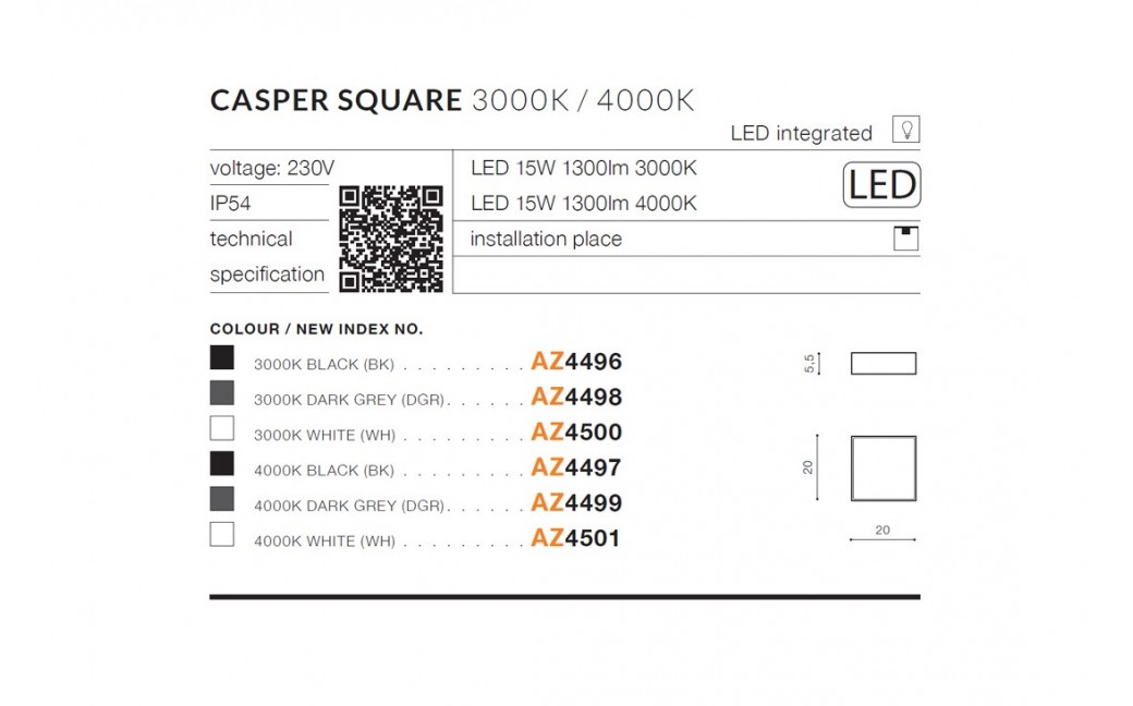 Azzardo CASPER SQUARE IP54 LED 15W 1300lm 3000K Zewnętrzna Czarny Sufitowa AZ4496