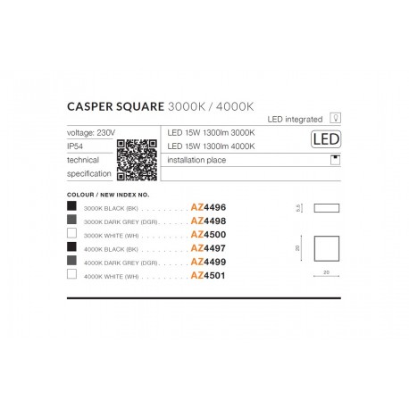 Azzardo CASPER SQUARE IP54 LED 15W 1300lm 4000K Zewnętrzna Biały Sufitowa AZ4501