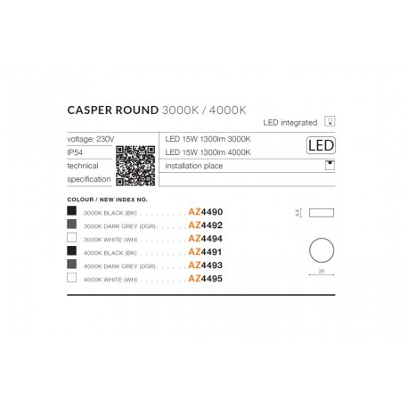 Azzardo CASPER ROUND IP54 LED 15W 1300lm 3000K Zewnętrzna Czarny Sufitowa AZ4490