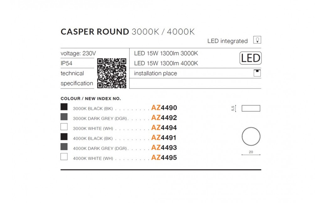 Azzardo CASPER ROUND IP54 LED 15W 1300lm 3000K Zewnętrzna Biały Sufitowa AZ4494