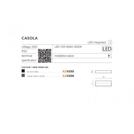 Azzardo CASOLA IP54 LED 12W 950lm 3000K Zewnetrzna Czarny Ścienna AZ4355