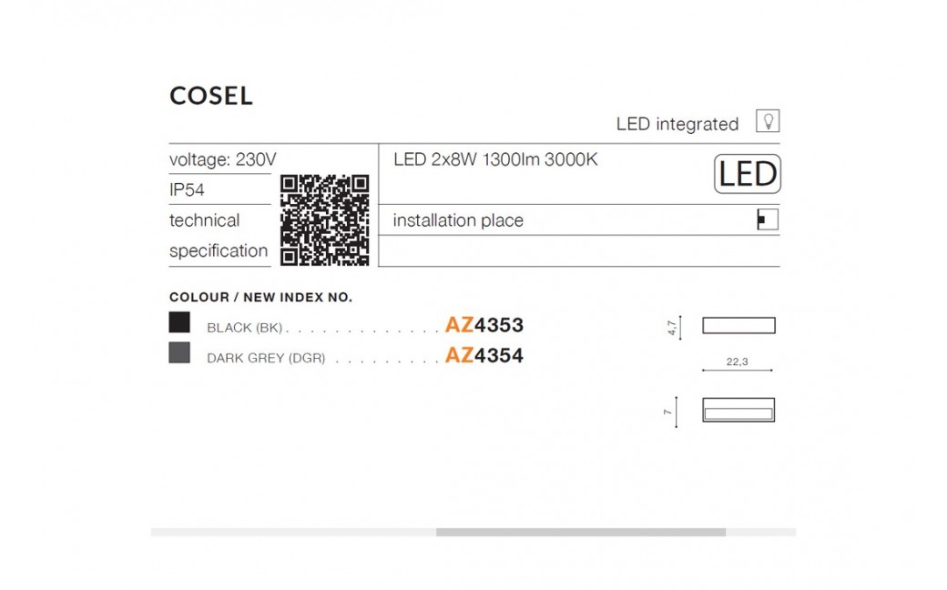 Azzardo COSEL IP54 LED 2x8W 1300lm 3000K Zewnętrzna Czarny Ścienna AZ4353