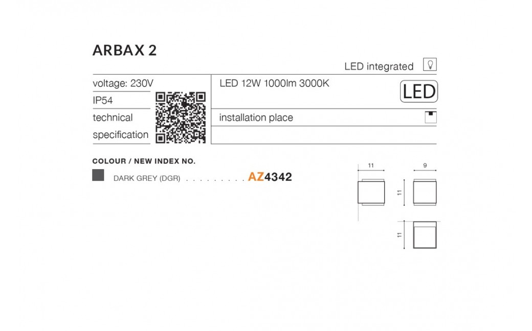 Azzardo ARBAX 2 IP54 LED 12W 1000lm 3000K Zewnętrzna Ciemny Szary Ścienna AZ4342