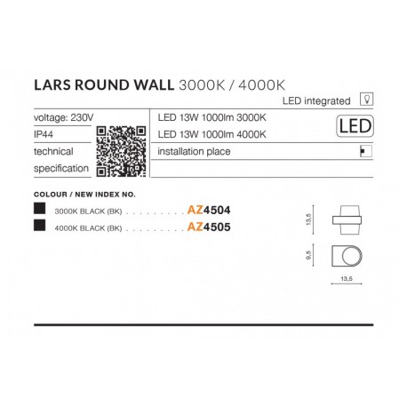 Azzardo LARS ROUND IP54 LED 13W 1000lm 3000K Zewnętrzna Czarny Ścienna AZ4504