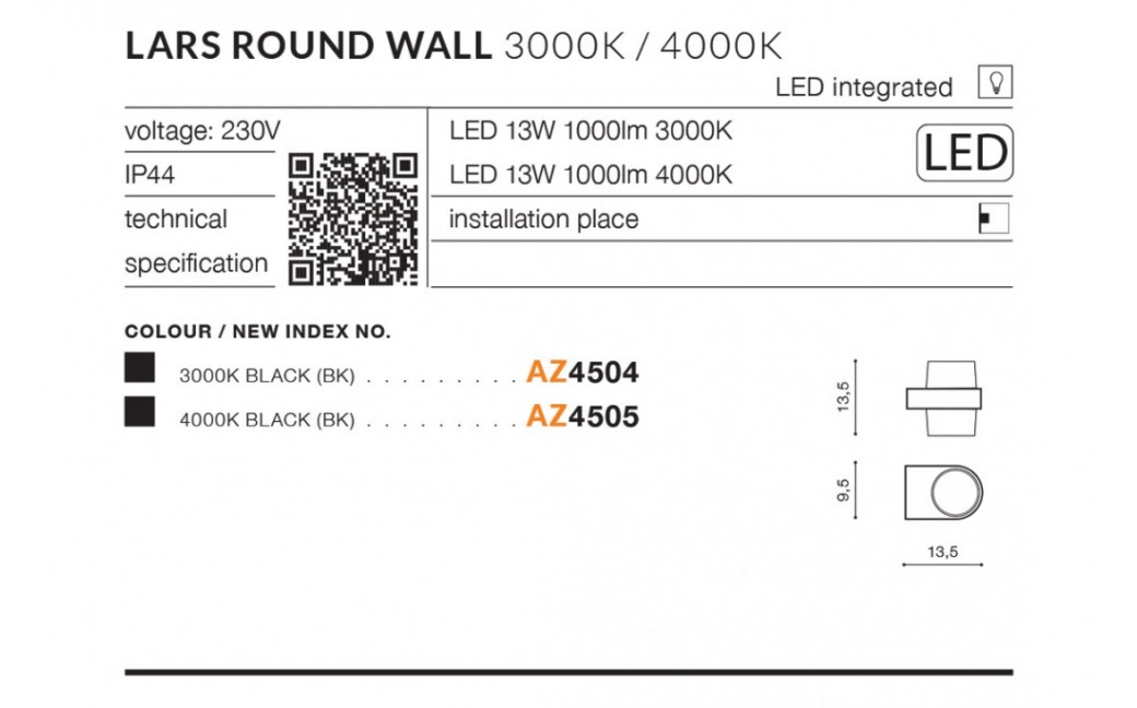 Azzardo LARS ROUND IP54 LED 13W 1000lm 3000K Zewnętrzna Czarny Ścienna AZ4504