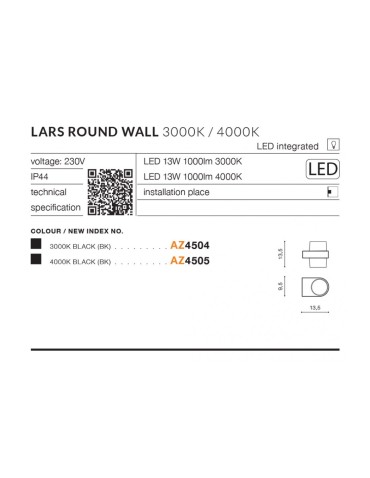 Azzardo LARS ROUND IP54 LED 13W 1000lm 4000K Outdoor Black Wall Mount AZ4505. - product 2