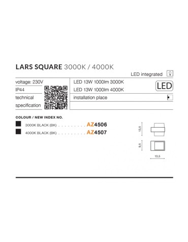 Azzardo LARS SQUARE IP54 LED 13W 1000lm 4000K Outdoor Black Wall Mount AZ4507. - product 2