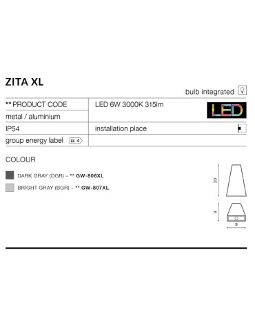 Azzardo ZITA XL IP54 LED 6W 450lm 3000K Outdoor Light Grey Wall Mount AZ2201. - product 2