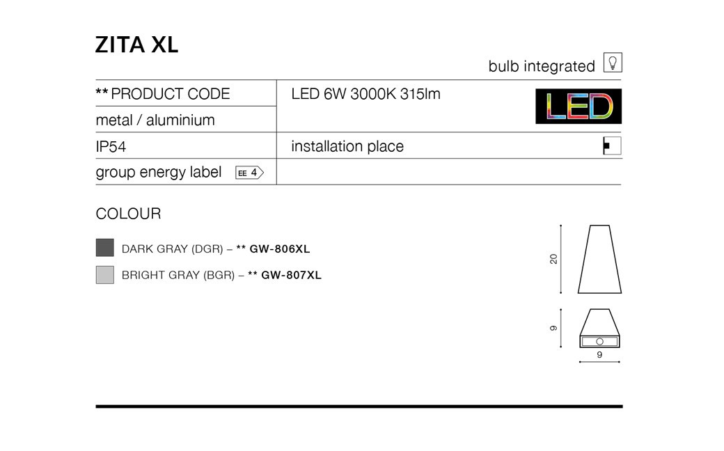 Azzardo ZITA XL IP54 LED 6W 450lm 3000K Zewnętrzna Jasny Szary Ścienna AZ2201