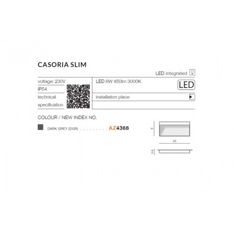 Azzardo CASORIA SLIM IP54 LED 6W 450lm 3000K Zewnętrzna Ciemny Szary Ścienna AZ4368